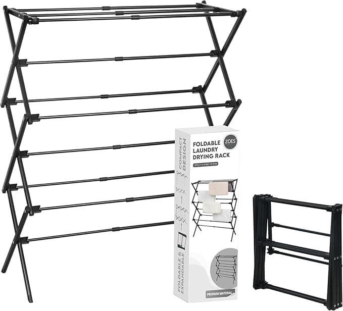 Image of a black foldable laundry drying rack, perfect for those Friday Deals finds. The rack is displayed both fully expanded and folded, with a nearby box illustrating its compact design and ease of use.