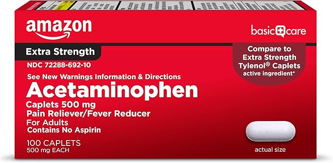 Red box of Amazon Basic Care Extra Strength Acetaminophen, 500 mg caplets, 100 count. Perfect for pain relief and fever reduction, similar to Tylenol Extra Strength. Contains no aspirin. Image of a white caplet on the right. Great choice during Friday Deals!