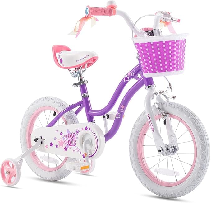 Discover vibrant Friday Deals on this colorful children's bicycle featuring a purple frame, pink and white wheels, training wheels, and a woven pink basket on the handlebars. Decorated with star patterns and a charming heart motif on the chain guard.