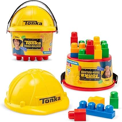 Discover the Friday Deals on our Toy Building Blocks Set, which includes a yellow plastic construction helmet. This colorful set of interlocking blocks, branded "Tonka Tough-Builders," comes in a convenient bucket with a handle for easy storage.