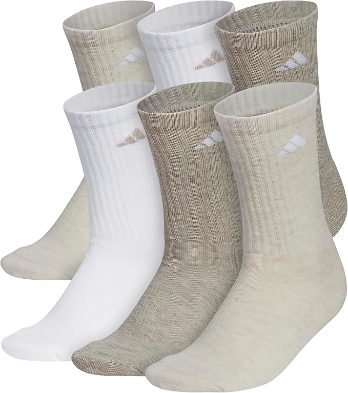 A set of six pairs of ribbed crew socks in neutral tones, including white, beige, and light brown. Each pair features a small logo near the top. Don’t miss these stylish essentials as part of our exclusive Friday Deals!