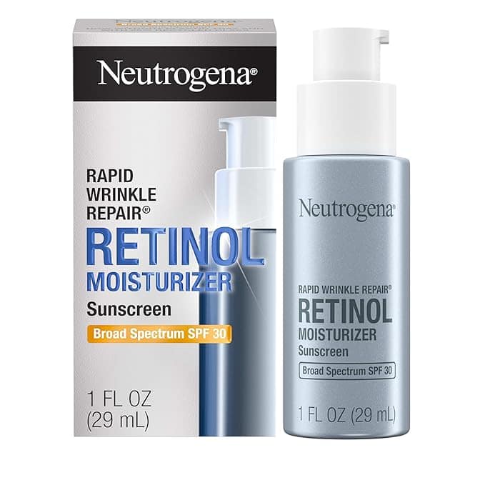 Image of Neutrogena Rapid Wrinkle Repair Retinol Moisturizer with Broad Spectrum SPF 30, available in a 1 fl oz (29 ml) pump bottle. Don't miss out on the Friday Deals to rejuvenate your skin and protect it from harmful rays while saving on this essential beauty product.