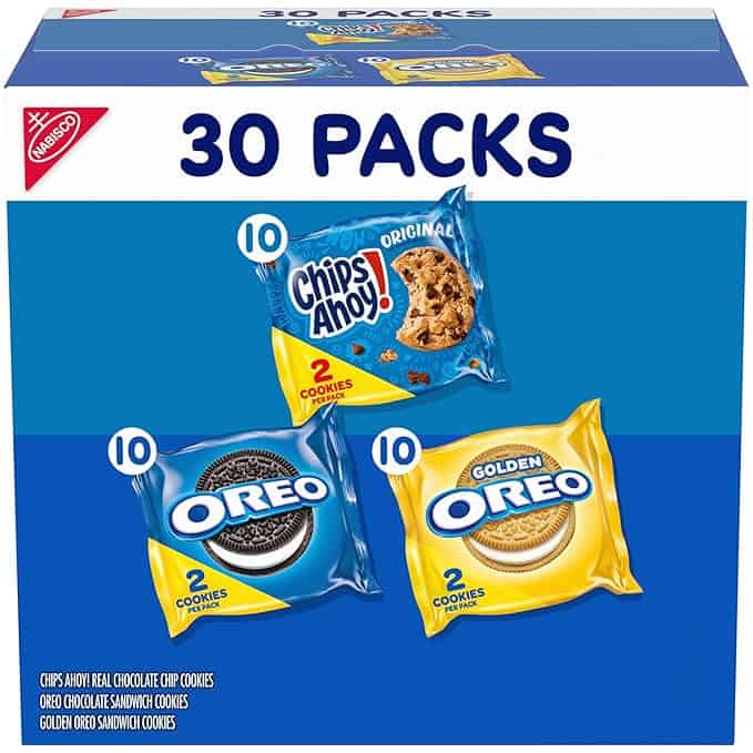 A box with 30 packs of cookies, perfect for Friday Deals, featuring three varieties: Chips Ahoy Original, Oreo Chocolate Sandwich Cookies, and Golden Oreo Sandwich Cookies. Each pack contains two cookies.