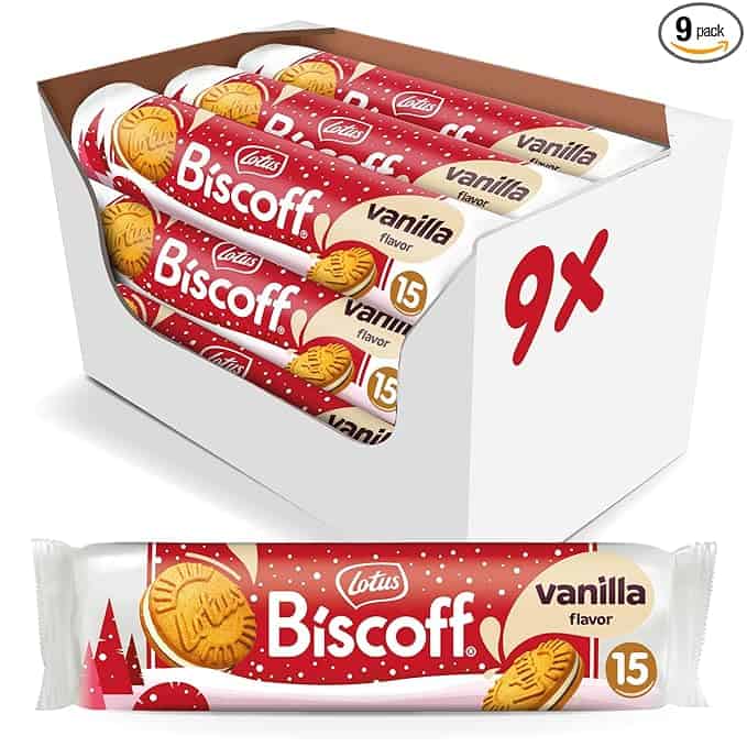 Box displaying nine packs of Lotus Biscoff vanilla-flavored cookies, each pack with 15 delectable treats. The packaging is predominantly red and white, adorned with enticing vanilla bean imagery. Perfect for snacking, especially during Friday Deals!