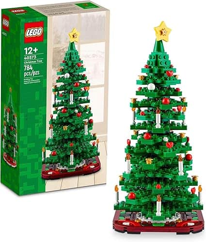 This LEGO set box showcases a festive Christmas tree made of LEGO bricks, adorned with colorful ornaments, candles, and topped with a star. Perfect for ages 12 and up, the set includes 784 pieces. Grab yours now as part of our amazing Friday Deals!