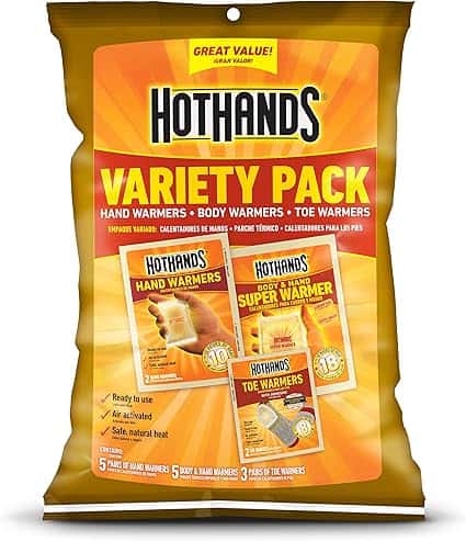 The image showcases a HotHands Variety Pack, perfect for Friday Deals. It includes hand, body, and toe warmers. The package highlights features like being air-activated and safe, offering warmth for various needs.