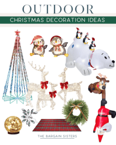 Discover festive Christmas decoration ideas for outdoor spaces with a charming collage showcasing penguin ornaments, an inflatable polar bear, light-up reindeer, a glowing Christmas tree, a plaid mat, a gold globe, a wreath, and a cheerful Santa decoration.