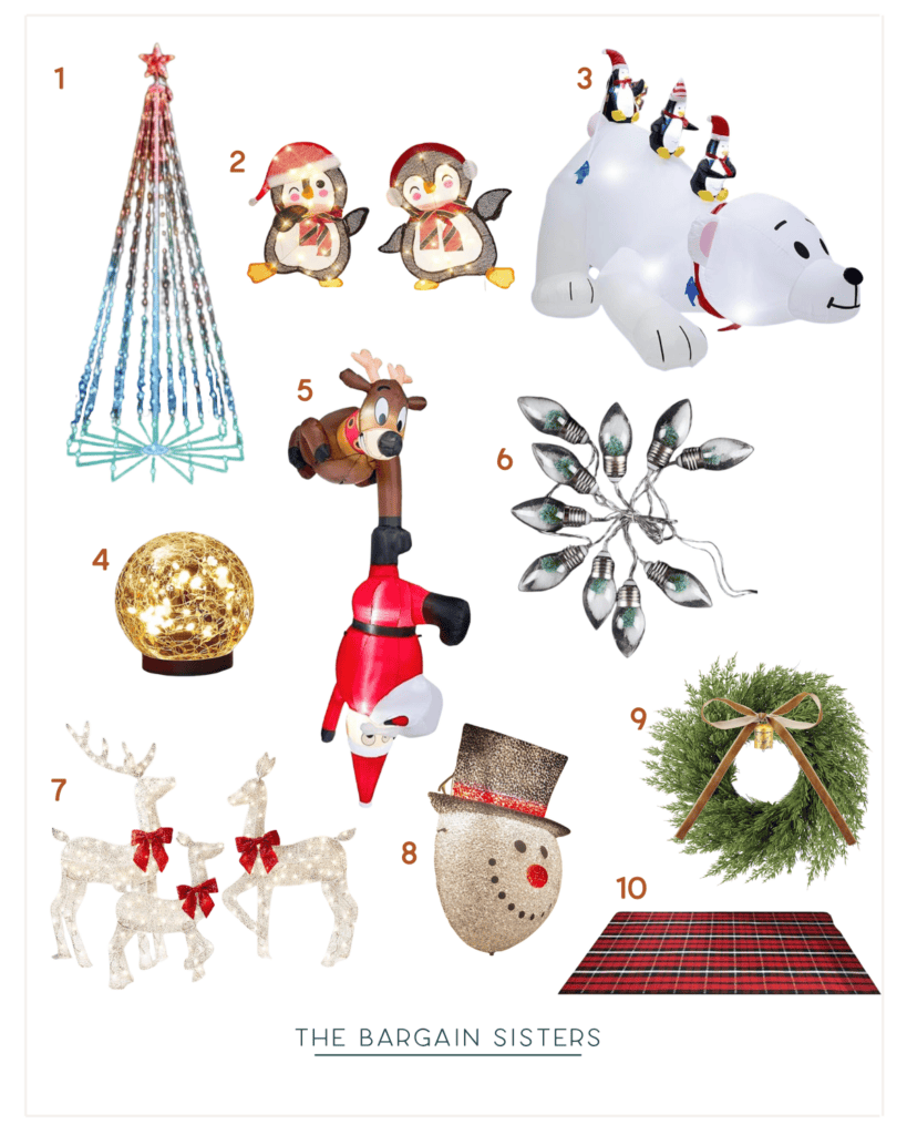 A Christmas-themed collage brimming with outdoor decoration ideas: a tree silhouette, penguin ornaments, an inflatable polar bear with penguins, a light-up globe, reindeer decor, holiday lights, glittery reindeer, a snowman decoration, a wreath, and a plaid mat.