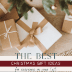 A group of wrapped Christmas gifts with brown and white wrapping paper and gold ribbons are placed under a decorated tree. The text reads: "Discover the Best Christmas Gift Ideas That Won't Break the Bank for Everyone on Your List.