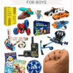 Holiday gift guide for boys showcasing Christmas gift ideas that are not expensive, such as a remote-controlled car, science kit, building blocks, walkie-talkies, a gaming chair, sticker books, and a cozy bean bag. The title reads "Holiday Gift Guide for Boys" by The Bargain Sisters.