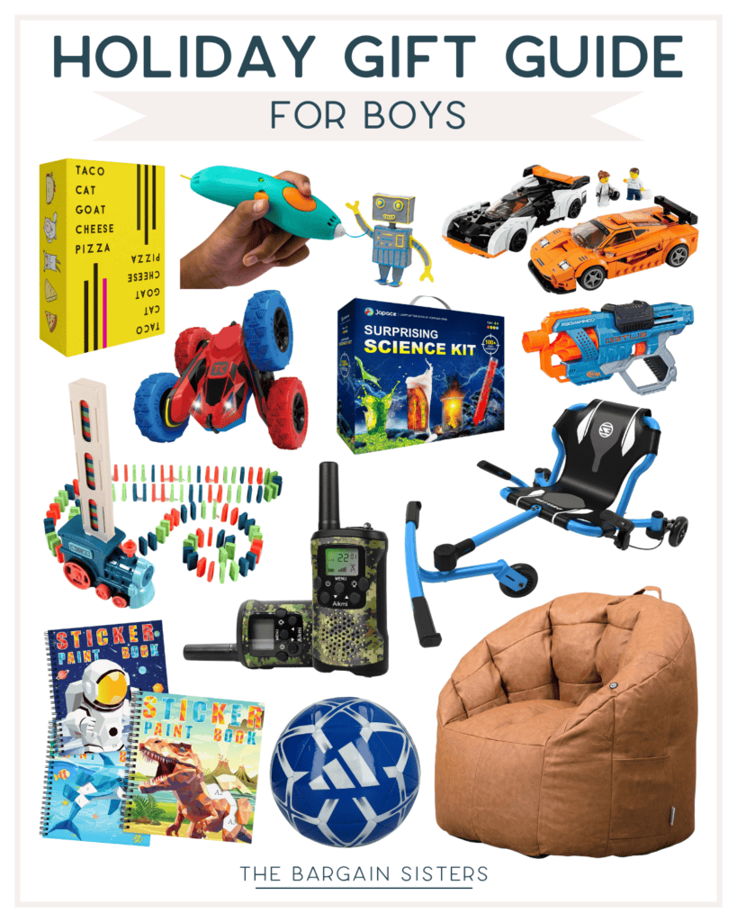 Holiday gift guide for boys showcasing Christmas gift ideas that are not expensive, such as a remote-controlled car, science kit, building blocks, walkie-talkies, a gaming chair, sticker books, and a cozy bean bag. The title reads "Holiday Gift Guide for Boys" by The Bargain Sisters.