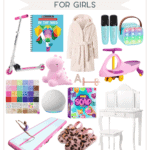 Explore our Christmas gift guide for girls, brimming with not expensive yet delightful options like a scooter, colorful journal, pink unicorn plush, fluffy bathrobe, soap-making kit, vanity table, hoverboard, LED backpack, portable speaker, air track mat, key necklace, and fuzzy slippers.