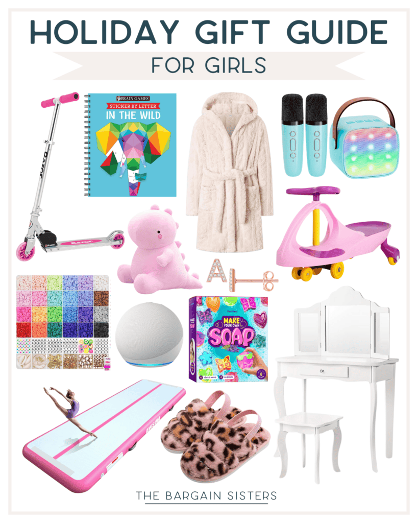 Explore our Christmas gift guide for girls, brimming with not expensive yet delightful options like a scooter, colorful journal, pink unicorn plush, fluffy bathrobe, soap-making kit, vanity table, hoverboard, LED backpack, portable speaker, air track mat, key necklace, and fuzzy slippers.