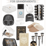 A holiday gift guide offering Christmas gift ideas that are not expensive for grandparents. Discover a plush blanket, video doorbell, Tile tracker, wine rack, neck massager, "Grandpa" cap, acrylic bird feeder, two books, cozy slippers, smart display, and garden solar lights. Logo: "The Bargain Sisters.