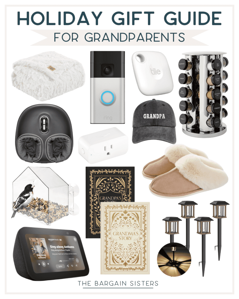 A holiday gift guide offering Christmas gift ideas that are not expensive for grandparents. Discover a plush blanket, video doorbell, Tile tracker, wine rack, neck massager, "Grandpa" cap, acrylic bird feeder, two books, cozy slippers, smart display, and garden solar lights. Logo: "The Bargain Sisters.