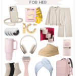 Collage of Christmas gift ideas for her, featuring a phone case purse, skincare set, pajamas, gold earrings, mug, wireless headphones, slippers, skincare roller, socks, hair towel wrap, and a pink backpack. Text: "Budget-Friendly Holiday Gift Guide for Her - The Bargain Sisters.