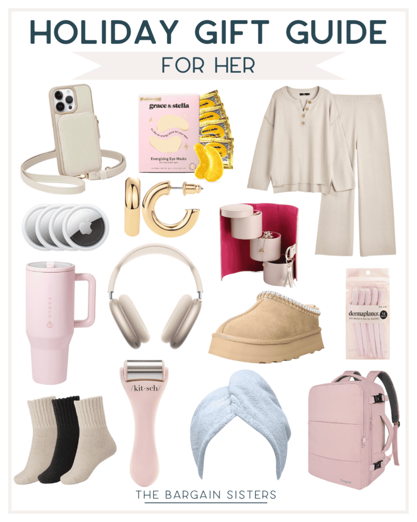 Collage of Christmas gift ideas for her, featuring a phone case purse, skincare set, pajamas, gold earrings, mug, wireless headphones, slippers, skincare roller, socks, hair towel wrap, and a pink backpack. Text: "Budget-Friendly Holiday Gift Guide for Her - The Bargain Sisters.