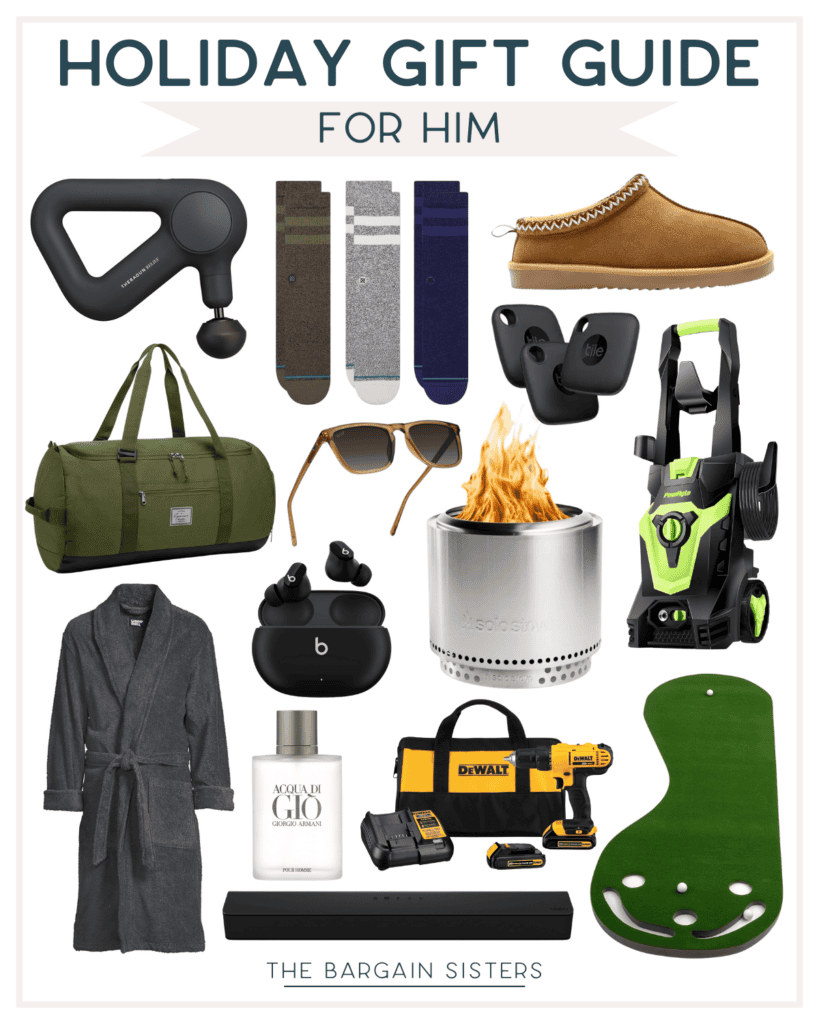 A holiday gift guide for men packed with Christmas gift ideas that are not expensive, including a massage gun, socks, slippers, duffle bag, sunglasses, earbuds, fire pit, pressure washer, bathrobe, cologne, drill set, soundbar, and putting green mat. Labeled "The Bargain Sisters.