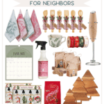 Discover the perfect Christmas gift ideas that are not expensive in our holiday guide for neighbors. Featuring festive dish towels, decorated wooden spoons, a milk frother, calendar, cleaning spray, mug, gift boxes, assorted tapes, wooden tree ornaments, and chocolate.