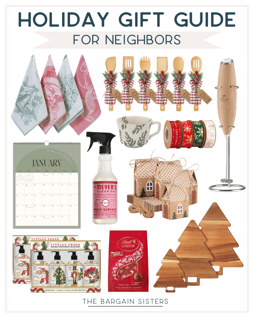 Discover the perfect Christmas gift ideas that are not expensive in our holiday guide for neighbors. Featuring festive dish towels, decorated wooden spoons, a milk frother, calendar, cleaning spray, mug, gift boxes, assorted tapes, wooden tree ornaments, and chocolate.