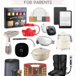 A collage of Christmas gift ideas not expensive for parents, featuring a movie night kit, essential oils, e-reader, kettle, air fryer, Dutch oven, massager, and more. Text at the top reads "Holiday Gift Guide for Parents" and the bottom reads "The Bargain Sisters.