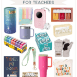 This collage of Christmas gift ideas for teachers features not expensive options like mugs, a lanyard, colorful pens, candles, breath mints, a mini projector, a bus Lego set, hand warmers, a quote book, bracelets, and a tote bag adorned with "It's a good day to teach tiny humans.