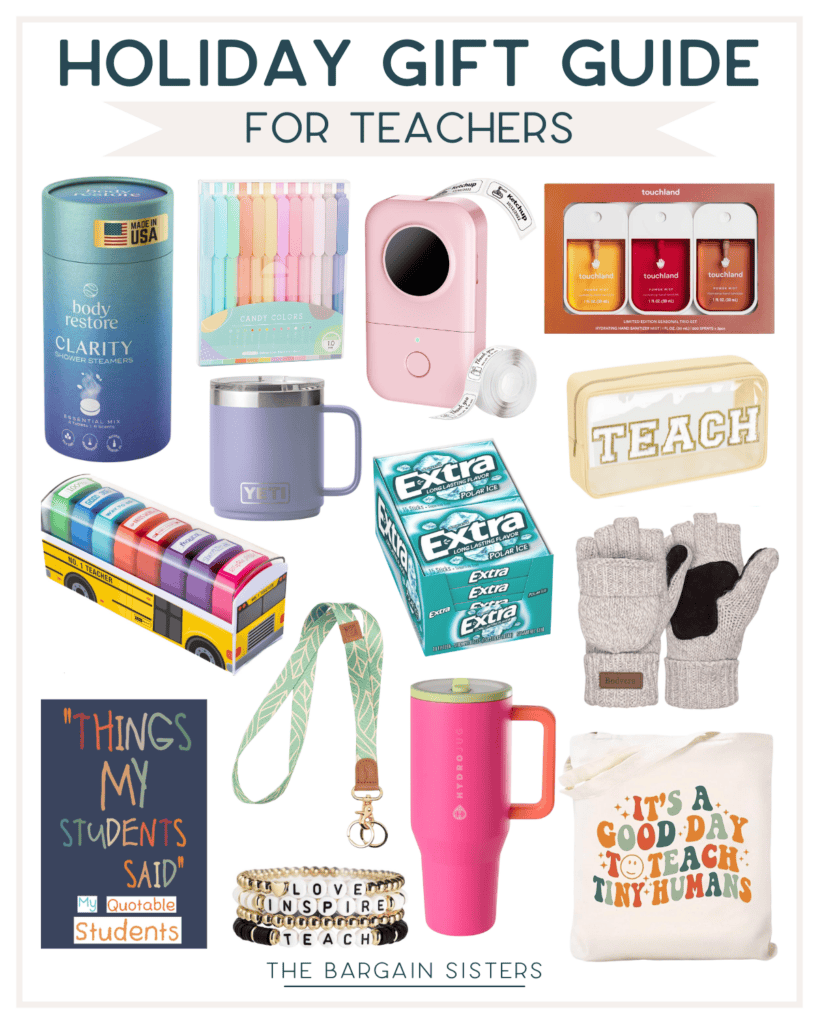 This collage of Christmas gift ideas for teachers features not expensive options like mugs, a lanyard, colorful pens, candles, breath mints, a mini projector, a bus Lego set, hand warmers, a quote book, bracelets, and a tote bag adorned with "It's a good day to teach tiny humans.