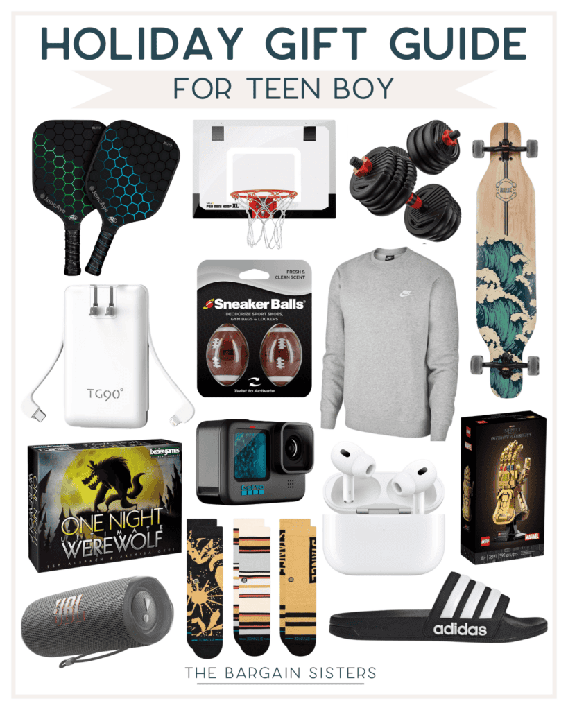 Discover Christmas gift ideas for teen boys that are not expensive. This holiday gift guide features fun and affordable items like pickleball paddles, a mini basketball hoop, dumbbells, a longboard, wireless earbuds, a camera, and more to make their season special.