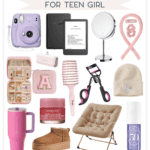 A holiday gift guide for teen girls featuring affordable Christmas gift ideas: a pink instant camera, e-reader, makeup mirror, headband, jewelry box, hairbrush, eyelash curler, beanie, tumbler, lip balm, slippers, chair, and body spray.