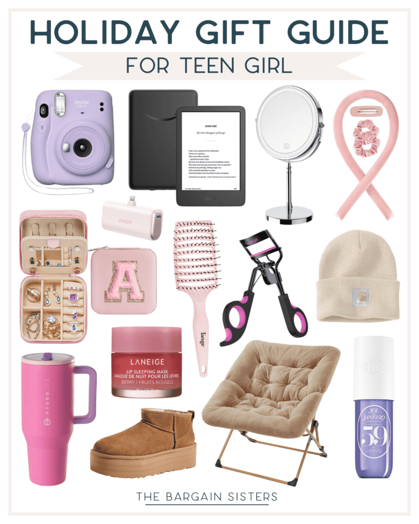 A holiday gift guide for teen girls featuring affordable Christmas gift ideas: a pink instant camera, e-reader, makeup mirror, headband, jewelry box, hairbrush, eyelash curler, beanie, tumbler, lip balm, slippers, chair, and body spray.