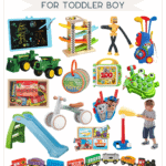 Discover the ultimate holiday gift guide for toddler boys, filled with not expensive Christmas gift ideas. Delight them with toys like a chalkboard, car ramp, lawnmower, tractors, books, slide, bike, character toys, and a stomp rocket—all colorfully arranged with a toddler ready to launch fun!