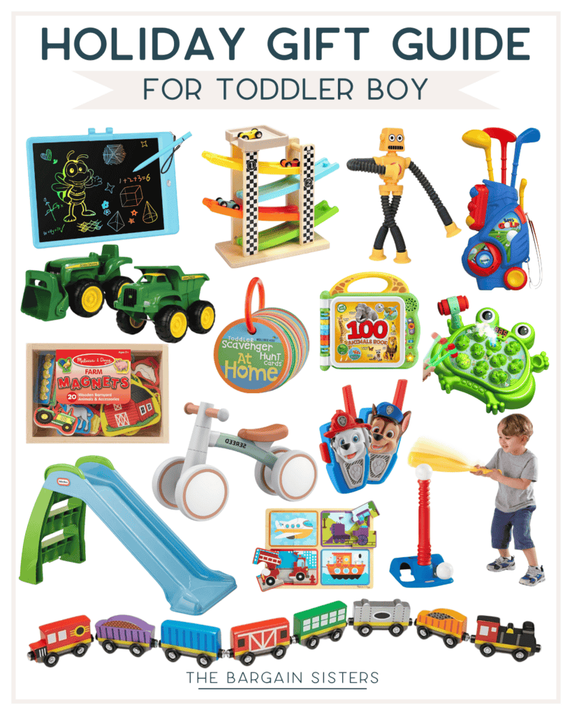 Discover the ultimate holiday gift guide for toddler boys, filled with not expensive Christmas gift ideas. Delight them with toys like a chalkboard, car ramp, lawnmower, tractors, books, slide, bike, character toys, and a stomp rocket—all colorfully arranged with a toddler ready to launch fun!