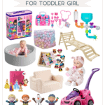 Explore our holiday gift guide for toddler girls, offering Christmas gift ideas that are not expensive. Delight her with building blocks, a tea set, a ball pit, climbing toys, Disney figurines, a doll, a plush chair, and a pink ride-on car.