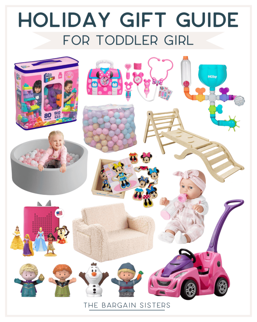 Explore our holiday gift guide for toddler girls, offering Christmas gift ideas that are not expensive. Delight her with building blocks, a tea set, a ball pit, climbing toys, Disney figurines, a doll, a plush chair, and a pink ride-on car.