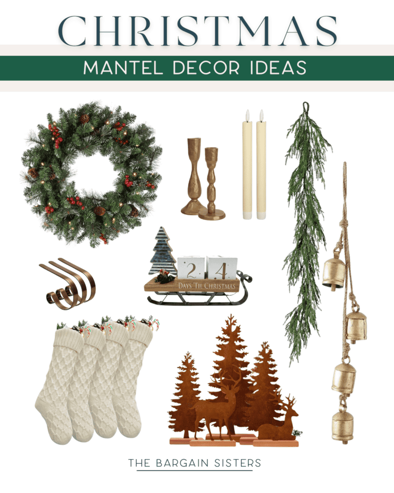 A collage showcasing Christmas mantel decor ideas: a wreath, candlesticks, taper candles, lush greenery, stocking hangers with white stockings trimmed festively, a countdown calendar, tree and deer cutouts, and elegant metal hanging bells. Text reads "Christmas Mantel Decor Ideas.