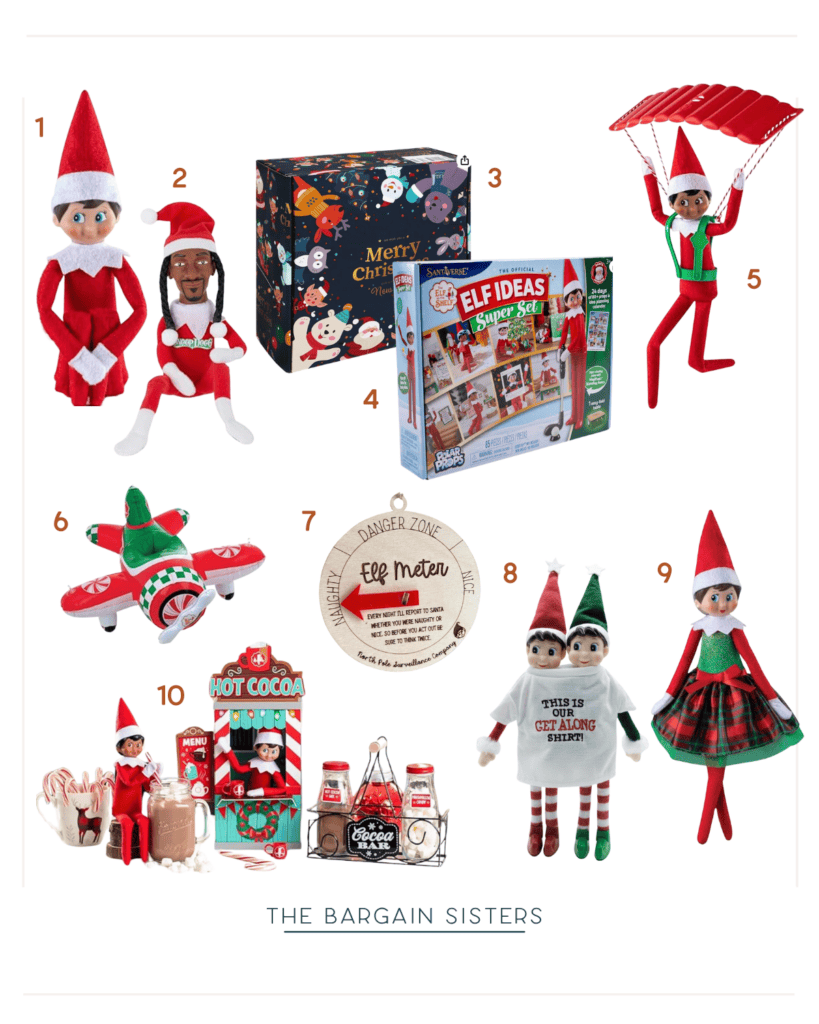 A collage of festive elf toys and accessories, including elves dressed in holiday outfits, a themed box, craft and activity sets, tiny vehicles, a hot cocoa stand, and decorative signs. Includes the label "The Bargain Sisters.