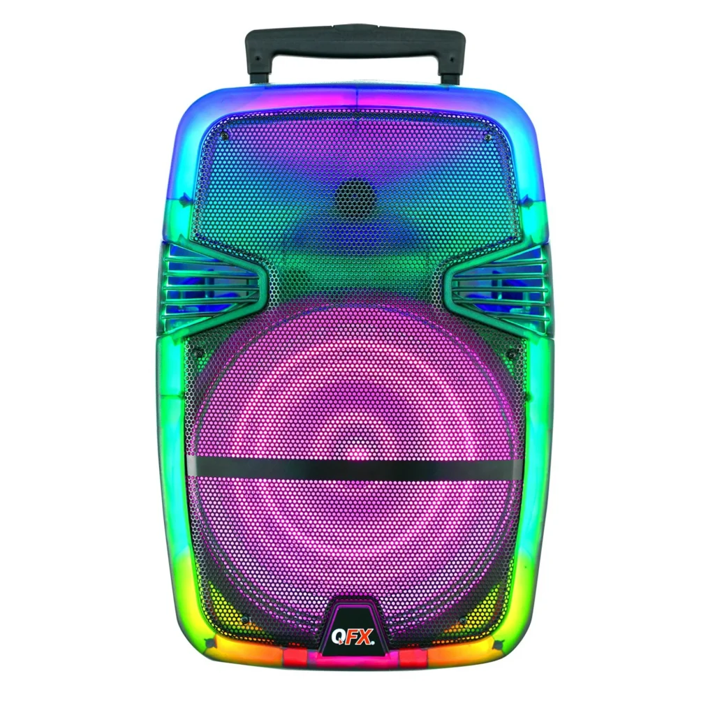 A portable speaker with colorful LED lights around its edges, featuring a large central speaker and a handle on top for easy transport. Enjoy the vibrant rainbow effect while taking advantage of exclusive Friday Deals, adding both flair and savings to your music experience.