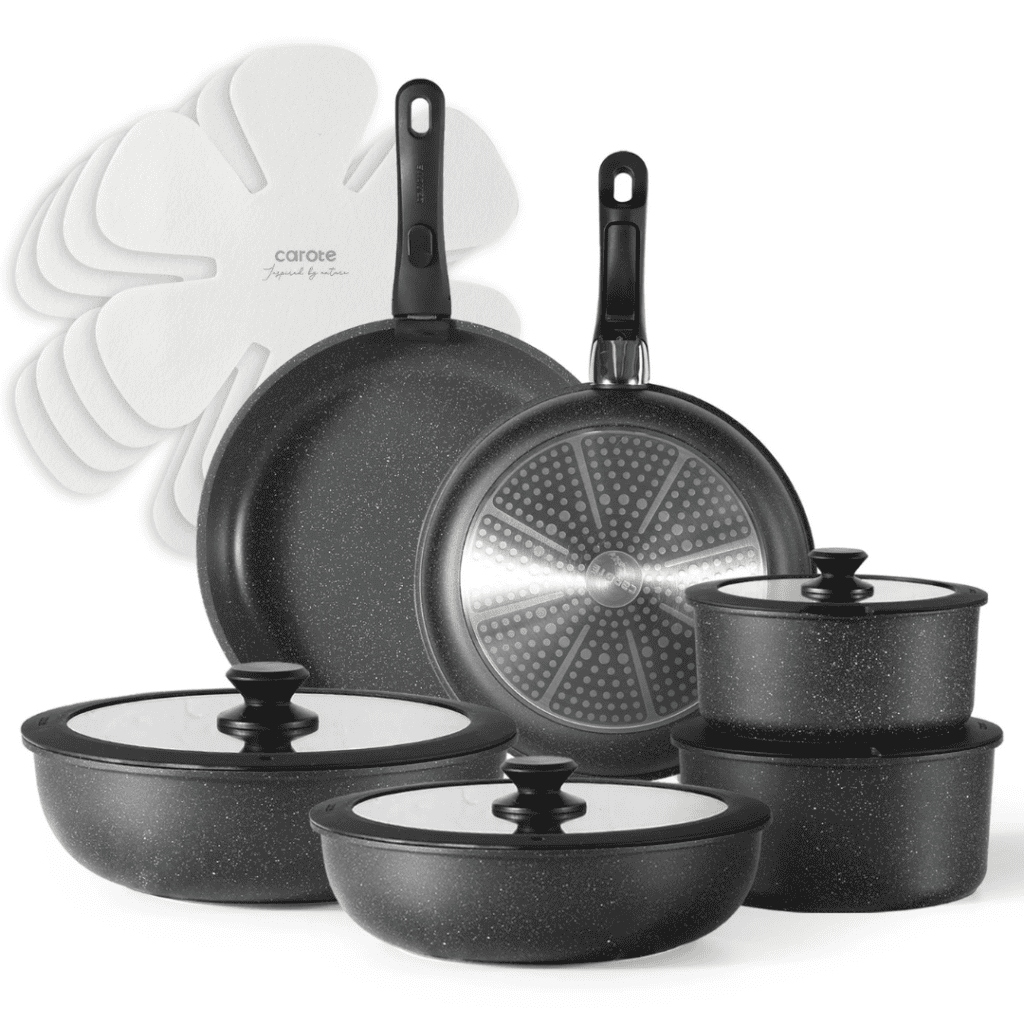 Discover amazing Friday Deals on this non-stick cookware set, boasting a sleek black speckled finish. It includes frying pans, pots with glass lids, and protective liners. Enjoy two frying pans, two medium pots, and two smaller pots—all designed with ergonomic handles for comfort.