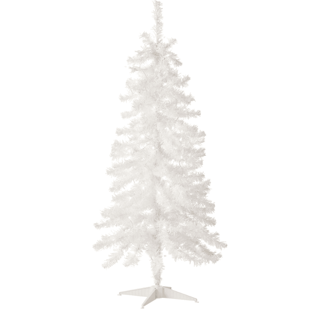 A white artificial Christmas tree with glowing white lights stands elegantly on a white base. Its sparse branches create a simple and refined appearance against a plain backdrop, making it an ideal centerpiece for your home this season. Perfect for those looking to make the most of Friday Deals.