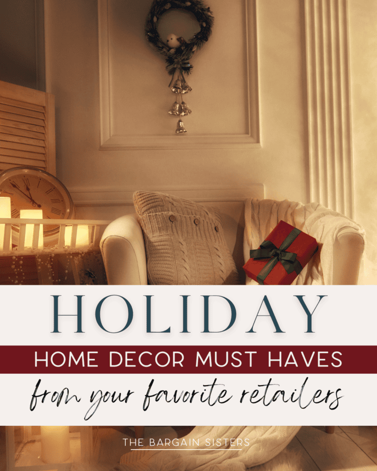 A cozy holiday scene with a chair draped in a blanket and a wrapped gift. Warm lighting illuminates festive decor, including a wreath on the wall. Text reads: "Holiday Home Decor Must Haves from Your Favorite Retailers - The Bargain Sisters.