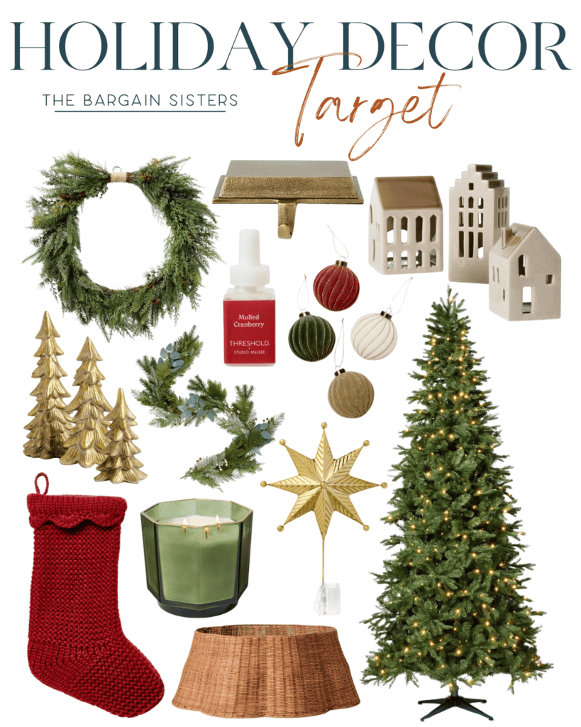 A collage of holiday decor items from Target, featuring a Christmas wreath, ceramic houses, gold trees, ornaments, a red stocking, a green candle, a wooden star tree topper, a lit Christmas tree, and a woven tree skirt.