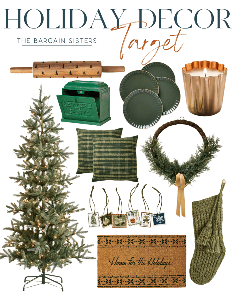 A holiday decor collage featuring a Christmas tree, rolling pin, evergreen wreath, green plates, gold candle holder, decorative pillows, a stocking, doormat, and ornaments. Text reads "Holiday Decor Target - The Bargain Sisters.