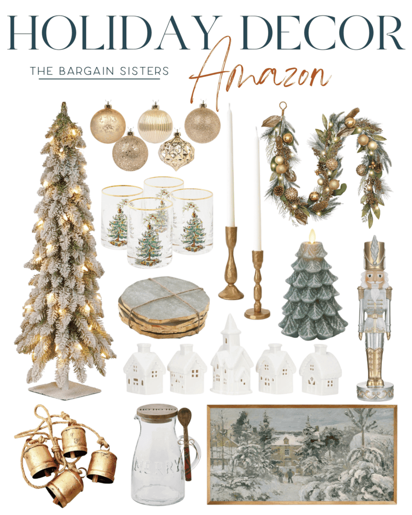 A collage of holiday decor items including a frosted Christmas tree, gold ornaments, glassware, candlesticks, a garland, tree-shaped candle, nutcracker, village houses, bells, a "Merry" jar, and a winter scene painting.naments.