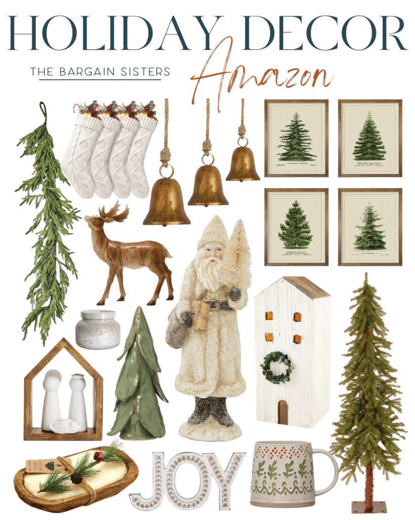 Collage of holiday decor items, including a Santa figurine, pine trees, bell ornaments, stockings, hanging greenery, a reindeer, a wooden house, framed tree prints, and festive mugs. Text reads "Holiday Decor: The Bargain Sisters Amazon.