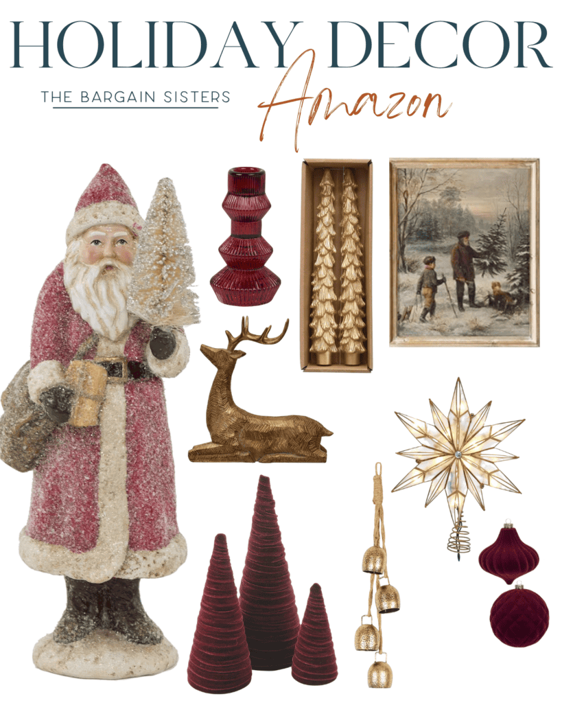 Collage of holiday decor items, including a Santa figure holding a tree, red and gold candles, a vintage-style painting, a golden reindeer, star ornaments, and bells. Holiday Decor and Amazon text are featured at the top.