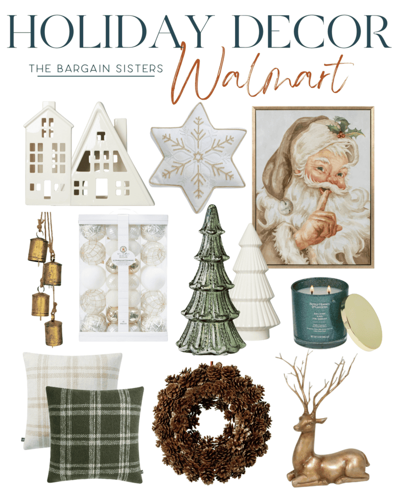 A collage of holiday decor items available at Walmart, featuring ceramic houses, a snowflake ornament, Santa portrait, bell decorations, ornament set, tree figurines, candles, plaid pillows, a wreath, and a reindeer figure.