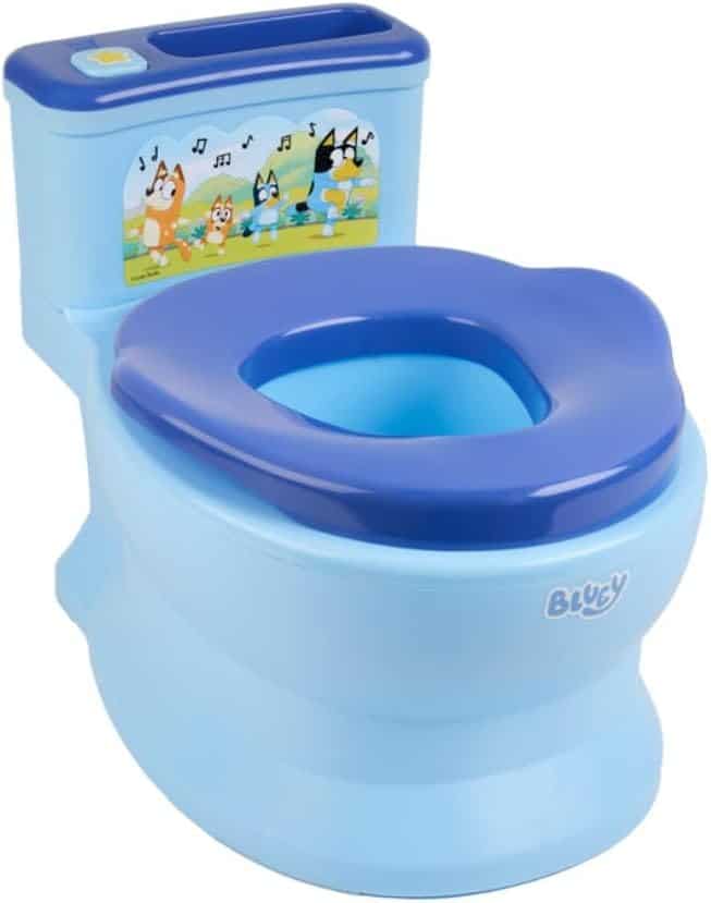 A children's potty chair inspired by "Bluey," featuring a light blue base and a dark blue seat. The backrest showcases characters from the series in a playful scene. Don't miss out on Friday Deals for this fun and functional addition to your little one's routine!