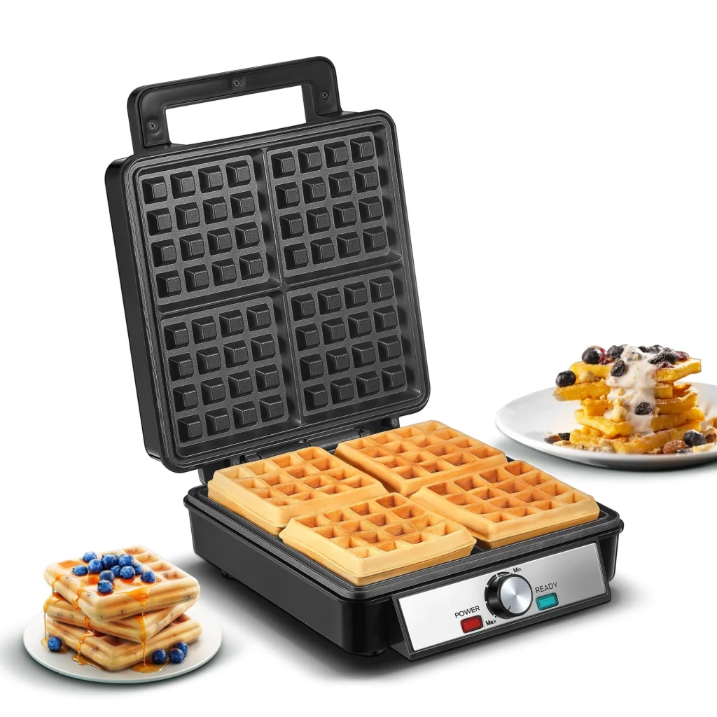 A waffle maker with four square waffles inside sits enticingly on the counter. Nearby, two plates boast stacks, one crowned with blueberries and syrup, the other with cream and berries. With a power dial and indicator lights, this kitchen gem could be yours in this week's irresistible Friday Deals.