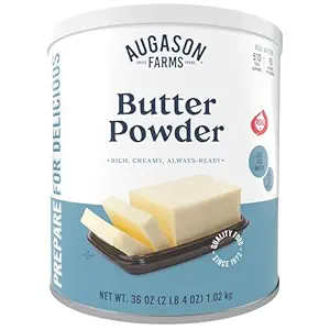 A can of Augason Farms Butter Powder, featuring a realistic image of butter on a dark tray. The can is labeled "Rich, Creamy, Always-Ready," with a net weight of 36 oz (1.02 kg). Don’t miss out on Tuesday Deals to enjoy this pantry essential at an unbeatable value!.