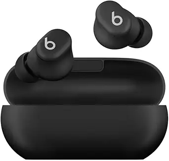 Black wireless earbuds with a sleek, compact design rest atop their matching charging case. Each earbud features a distinctive "b" logo in white. The case is partially open, showcasing the earbuds' snug fit—perfect for snagging on Wednesday Deals!.